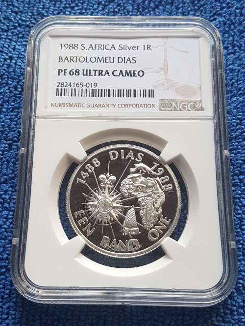 1988 SOUT H AFRICA SILVER R1  -BARTOLOMEU DIAS- NGC GRADED PROOF 68 ULTRA CAMEO
