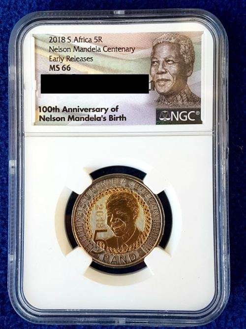 NEW 2018 NELSON MANDELA CENTENARY R5. - EARLY RELEASES - COLOUR LABEL-  NGC GRADED MINT STATE 66.