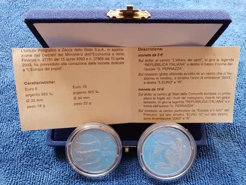 2003 ITALIAN SILVER PROOF 2 COIN SET - 5 EURO 18g 10 EURO 22g .925 SILVER-