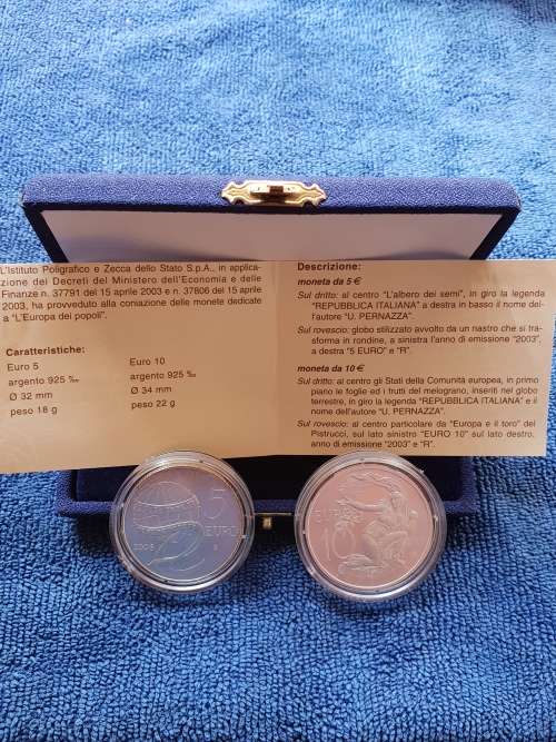2003 ITALIAN SILVER PROOF 2 COIN SET - 5 EURO 18g 10 EURO 22g .925 SILVER-