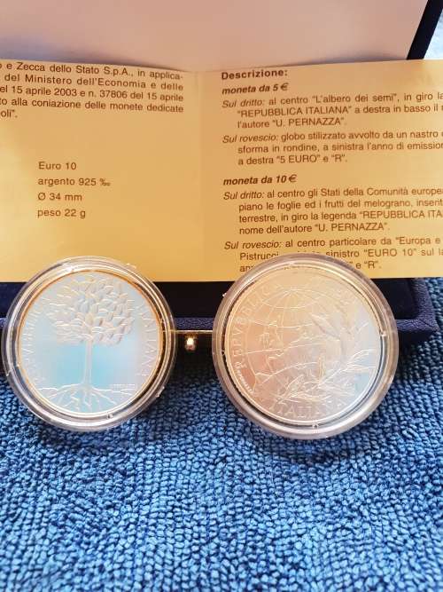 2003 ITALIAN SILVER PROOF 2 COIN SET - 5 EURO 18g 10 EURO 22g .925 SILVER-