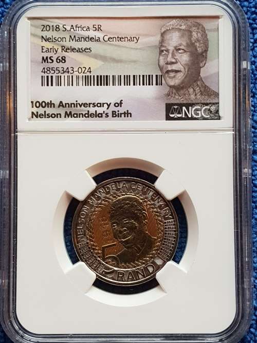 NEW!! 2018 NELSON MANDELA CENTENARY R5. - EARLY RELEASES - COLOUR LABEL-  NGC GRADED MS 68.
