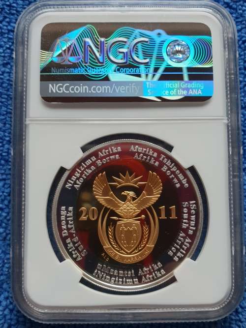 2011 SOUT AFRICA SILVER CROWN R5 -GILT 90th ANNIVERSARY OF SARB- NGC GRADED PROOF 70 UC-FINEST KNOWN