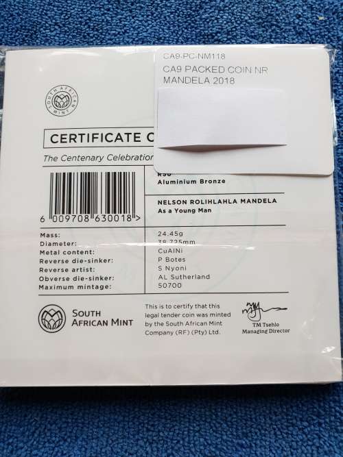 2018 LIMITED EDITION NELSON MANDELA CENTENARY BRONZE ALLOY R50. SEALED AS FROM SA MINT