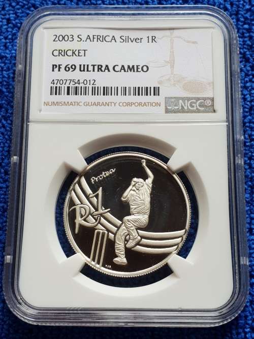 2003 SOUTH AFRICA SILVER R1  -PROTEA SERIES-  -CRICKET-  NGC GRADED PF69 ULTRA CAMEO