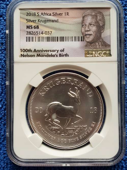 2018 SOUTH AFRICA UNCIRCULATED SILVER R1 -SILVER KRUGERRAND- NGC GRADED MS68
