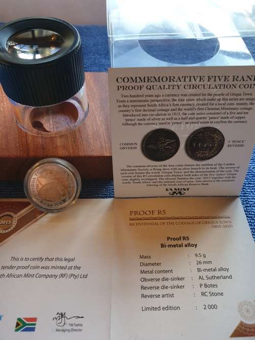 2015  PROOF R5 -BICENTENNIAL OF THE COINAGE OF GRIQUATOWN 1815-2015