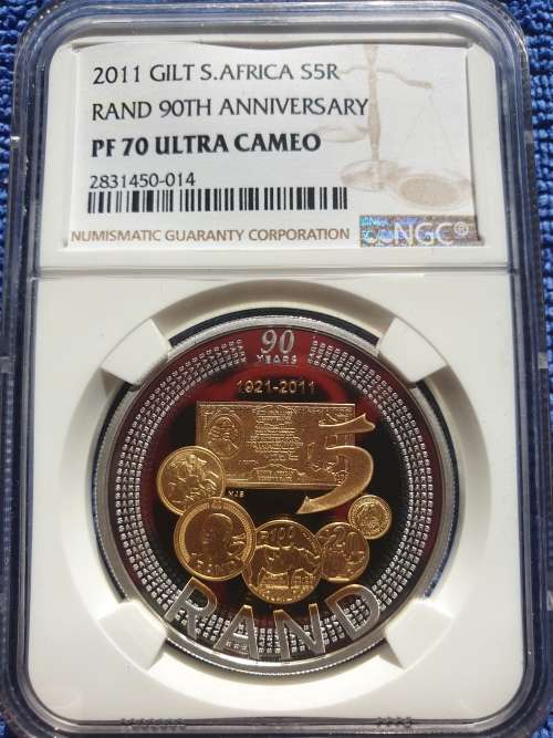 2011 SOUT AFRICA SILVER CROWN R5 -GILT 90th ANNIVERSARY OF SARB- NGC GRADED PROOF 70 UC-FINEST KNOWN