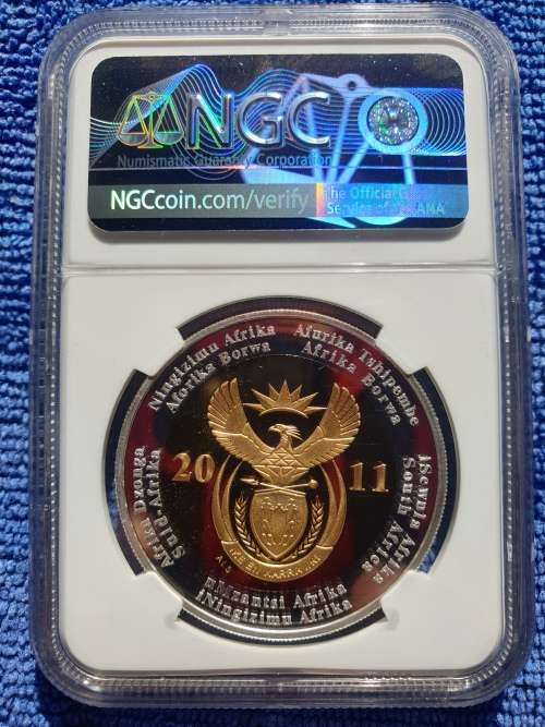2011 SOUT AFRICA SILVER CROWN R5 -GILT 90th ANNIVERSARY OF SARB- NGC GRADED PROOF 70 UC-FINEST KNOWN
