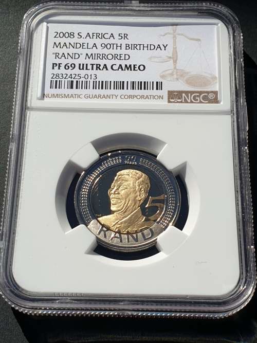 PROOF 2008 NELSON MANDELA 90th BIRTHDAY R5 --.'' RAND'' MIRRORED-- PF69 ULTRA CAMEO