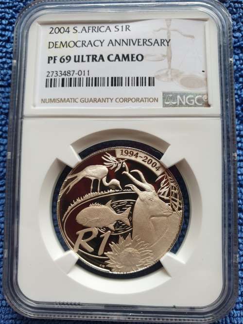 2004 SOUTH AFRICA SILVER R1  - DEMOCRACY ANNIVERSARY- NGC GRADED PROOF 69 ULTRA CAMEO