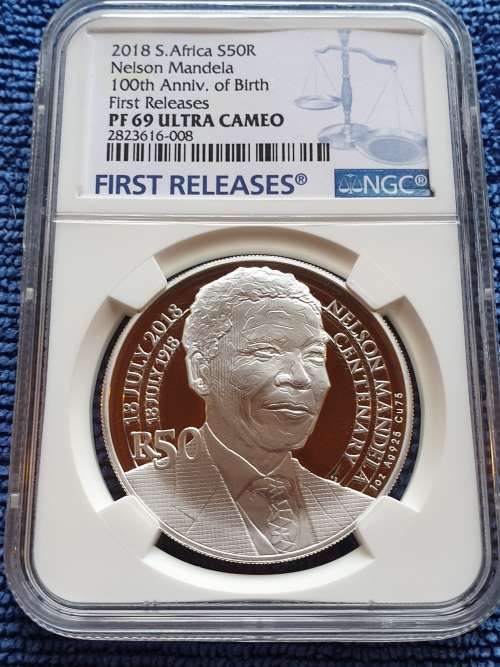 2018 SOUTH AFRICA SILVER R50 - NELSON MANDELA 100th ANNIV OF BIRTH - PF69UC  FIRST RELEASES