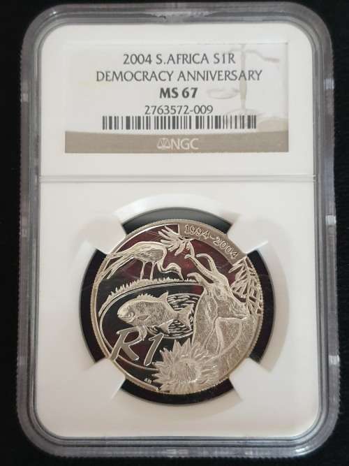 2004 SOUTH AFRICA SILVER R1 - DEMOCRACY ANNIVERSARY UNC- - CV R4000 IN UNC-  NGC GRADED MS67