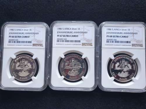 1986 SILVER R1 PROOF SET OF 3 COINS - JHB ANNIVERSARY PF66 PF67 PF68 ULTRA CAMEO- NGC GRADED