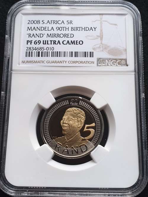 PROOF 2008 NELSON MANDELA 90th BIRTHDAY R5 --.'' RAND'' MIRRORED-- PF69 ULTRA CAMEO