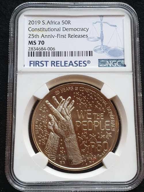 2019 BRONZE ALLOY R50 -25y CONSTITUTIONAL DEMOCRACY-  -FIRST RELEASES!!-   NGC MS70   FINEST KNOWN!!