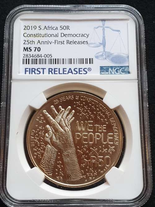 2019 BRONZE ALLOY R50 -25y CONSTITUTIONAL DEMOCRACY-  -FIRST RELEASES!!-   NGC MS70   FINEST KNOWN!!