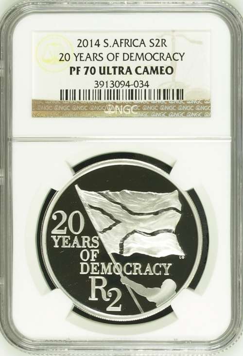 2014 SOUTH AFRICA SILVER PROOF R2 -20 YEARS OF DEMOCRACY- NGC GRADED PF70 UC-  FINEST KNOWN!!