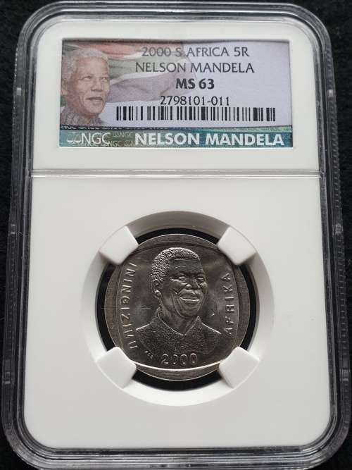 2000 NELSON MANDELA R5 NGC GRADED MS63  *COLOUR LABEL*!!