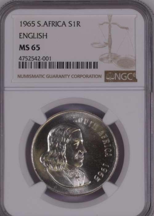 1965 SOUTH AFRICA SILVER R1 - ENGLISH- NGC GRADED MS 65 ULTRA CAMEO  * ONLY 8 COINS GRADED HIGHER*
