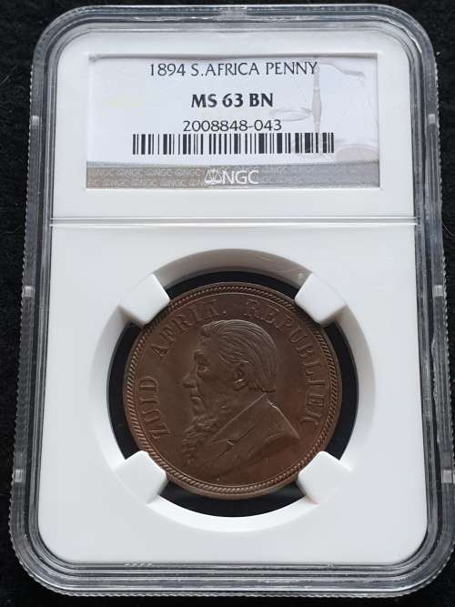 1894 ZAR PENNY-NGC GRADED MS63BN **SCARCE HIGH GRADE** LOW MINTAGE OF ONLY 10769