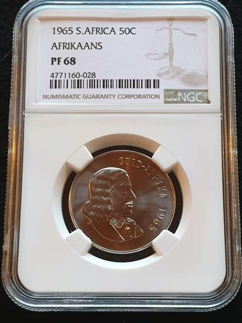 1965 SOUTH AFRICA 50c -AFRIKAANS- NGC GRADED PROOF68. **SECOND FINEST ONLY 2 HIGHER**