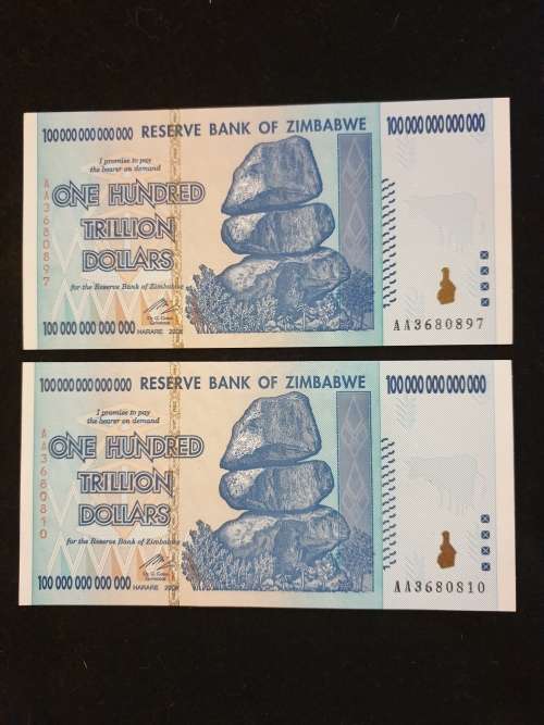 ONE HUNDRED TRILLION ZIM DOLLARS - AA UNCIRCULATED- BID IS PER NOTE TO TAKE BOTH!