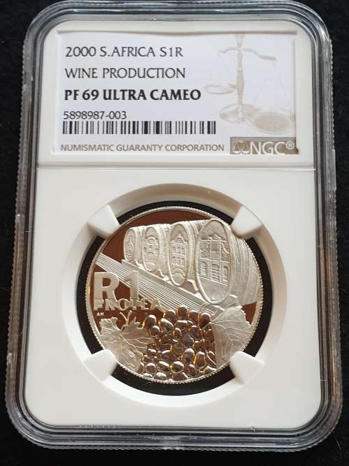 2000 SOUTH AFRICA SILVER R1  -PROTEA SERIES-  -WINE PRODUCTION-  NGC GRADED PF69 ULTRA CAMEO