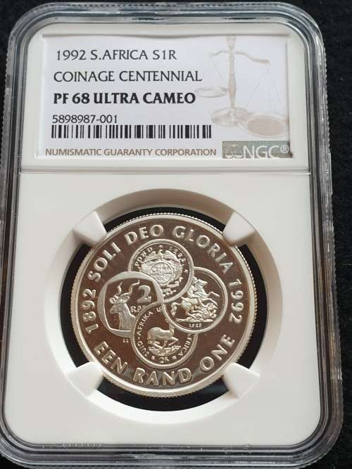 1992 SOUTH AFRICA SILVER PROOF R1 -COINAGE CENTENNIAL- NGC GRADED PROOF 68 ULTRA CAMEO