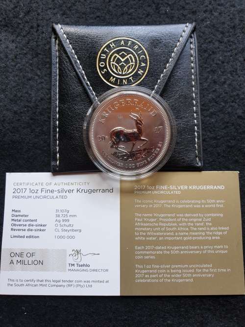 2017 1oz FINE SILVER KRUGERRAND -PREMIUM UNCIRCULATED WITH 50 YEARS PRIVY - IN CAPSULE WITH C0A