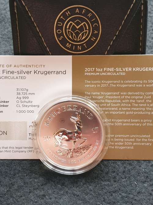 2017 1oz FINE SILVER KRUGERRAND -PREMIUM UNCIRCULATED WITH 50 YEARS PRIVY - IN CAPSULE WITH C0A