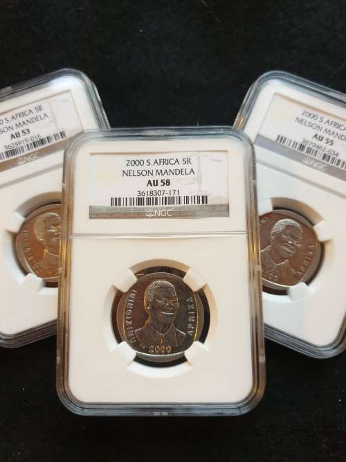 2000 NELSON MANDELA ALMOST UNCIRCULATED TRIO R5 SET AU53 AU55 AU58 NGC GRADED-PRICE IS FOR ALL 3