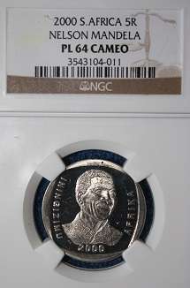 NELSON MANDELA SMILING YEAR 2000 R5.NGC GRADED PL64 CAMEO.VERY SCARCE!!