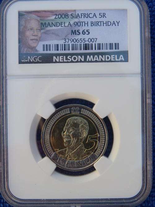 2 AVAILABLE! 2008 NELSON MANDELA 90TH BIRHDAY NGC GRADED MS 65 **LIMITED EDITION COLOUR LABEL**