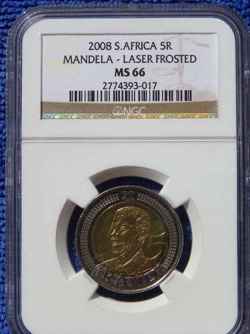 2008 NELSON MANDELA R5.**LASER FROSTED** NGC GRADED MS66.**HIGH VALUE SCARCE COIN** 2nd FINEST!!