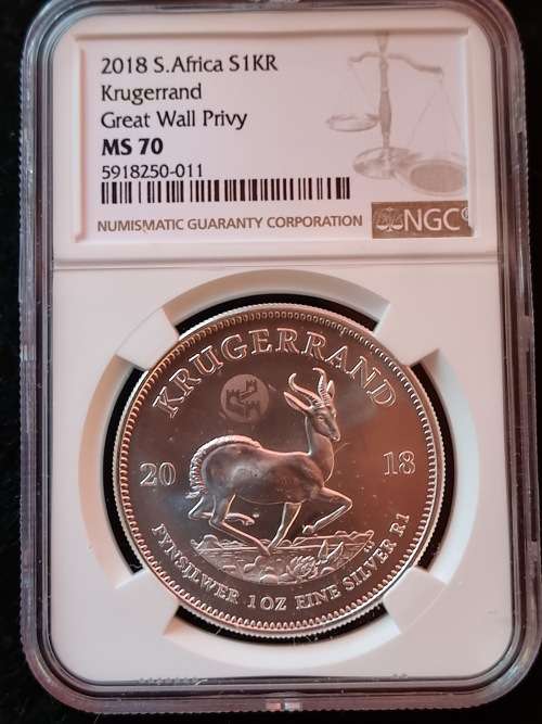 2018 SILVER KRUGERRAND -GREAT WALL 0F CHINA PRIVY- NGC MS70- FINEST KNOWN!! TOP POP!!