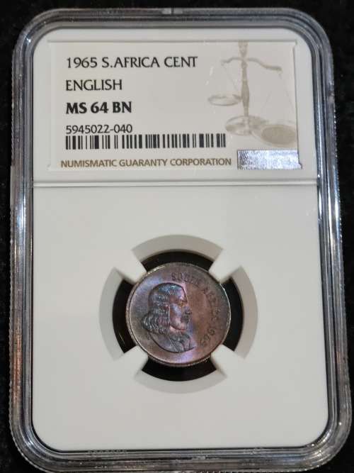 1965 SOUTH AFRICA ONE CENT - ENGLISH UNCIRCULATED- NGC GRADED MS64  BROWN. **CV IN UNGRADED R2000**