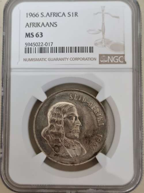 1966 SOUTH AFRICA SILVER ONE RAND - AFRIKAANS- NGC GRADED MS63