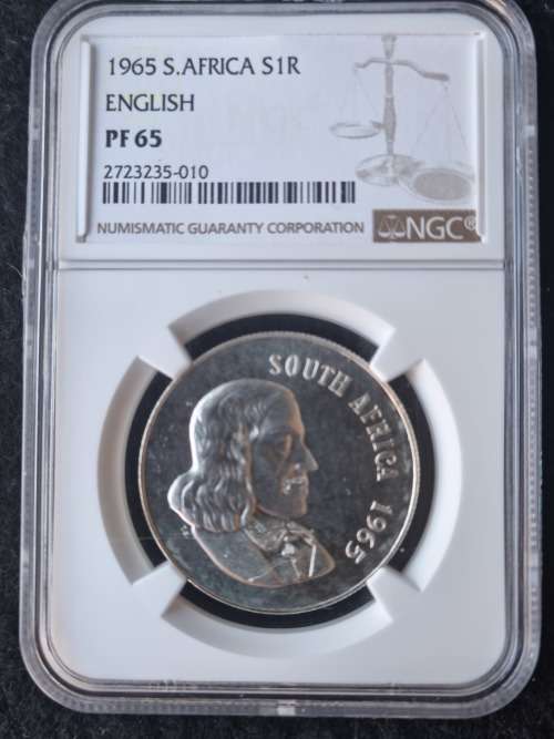 1965 SOUTH AFRICA SILVER R1 -ENGLISH- NGC GRADED PROOF 65 **HIGH GRADE**