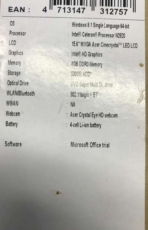 Acer Aspire E - 15.6 " , Intel Celeron , 15.6 '' HD, 4 GB DDR 3 , 500 GB HDD