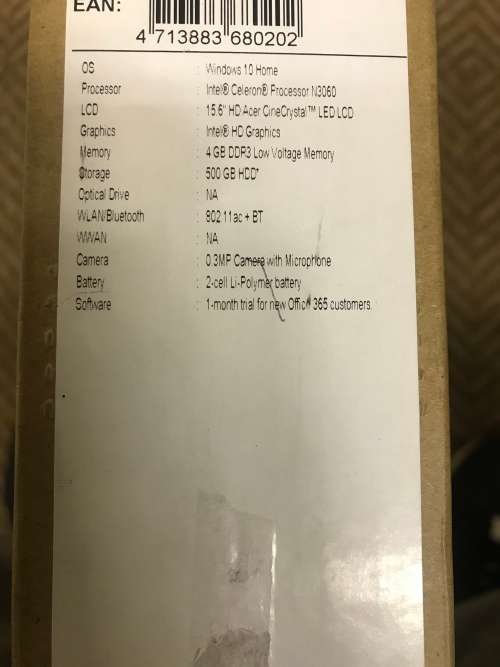 Acer Aspire 3 - 15.6 " , Intel Celeron , 15.6 '', 4 GB DDR 3 , 500 GB HDD