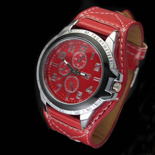 Watch - Big Watchface Red Watch with Leatherette Watchband from Diesel Time