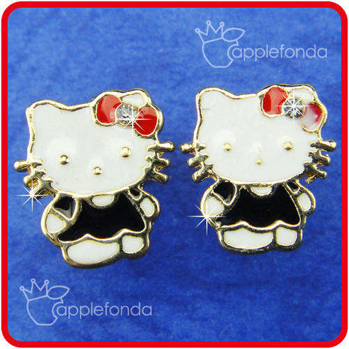 Hello Kitty Earrings White with black and a lovely Crystal