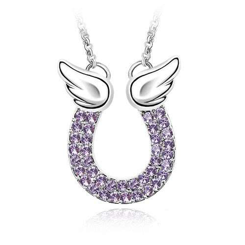 Rhinestone Angel wing Double Crystal Fair maiden Necklace in Purple