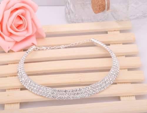 Rhinestone Necklace Choker - Austrian Crystals White 3 rows & 2 4 row bracelets