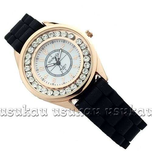 Rhinestone Watch Black Unisex , with Silicon Strap