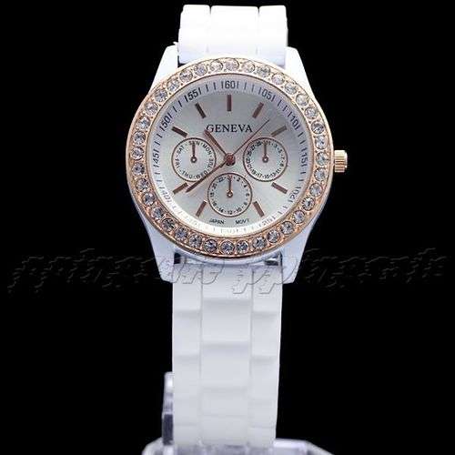 Rhinestone Watch White, with Silicon Strap