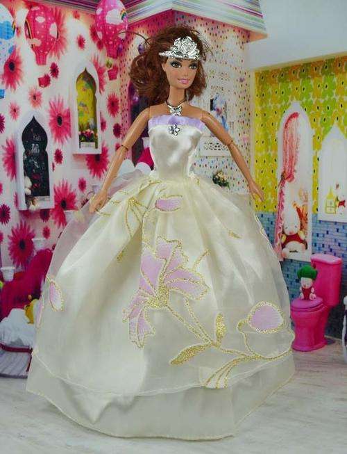 Barbie Fashion House -  Clothes, Handmade, Gown Evening Dress Yellow Cream