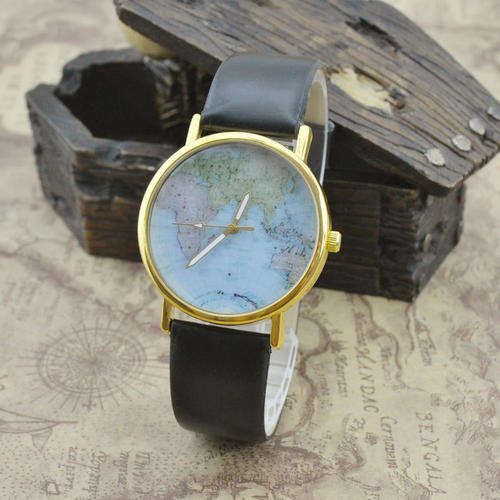 Watch with World Map - Retro Faux Leather Strap Blue Map Dial Concise Quartz Wrist