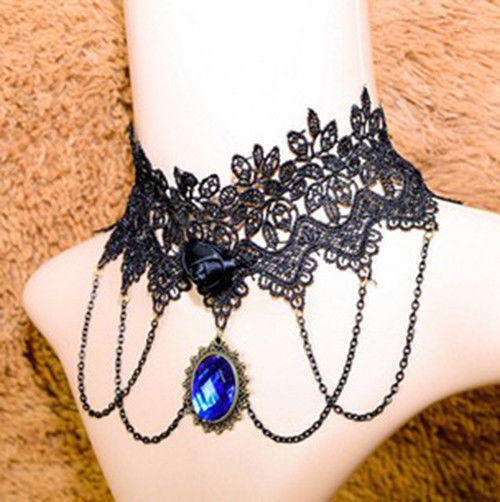 vintage Gothic  Lace Pendant Necklace with Blue Crystal Centrepiece